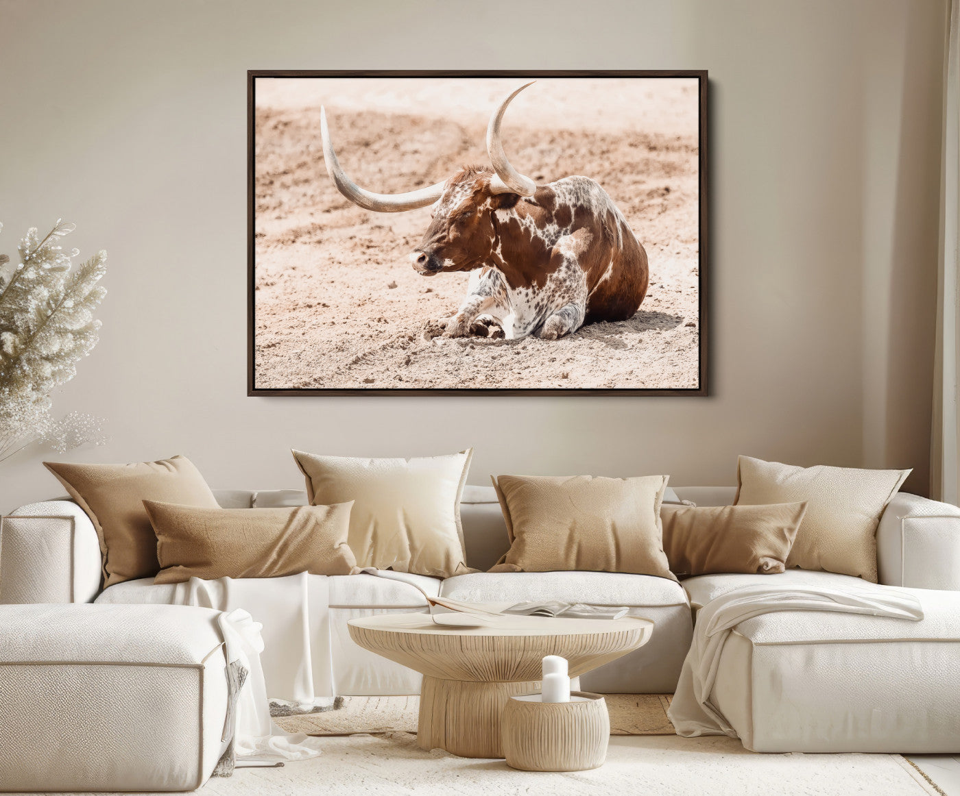 91248682-MGV-FC-36X24-Texas Longhorn Wall Art Canvas Print – Framed Resting Bull Spotted Cattle Western Ranch Animal Artwork for Home Office