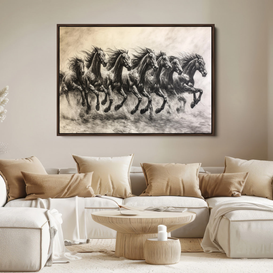 56089591-MGV-FC-36X24-Galloping Horses Wall Art Canvas Print, Framed Wild Stallions Art Picture Print, Horse Herd Sketch