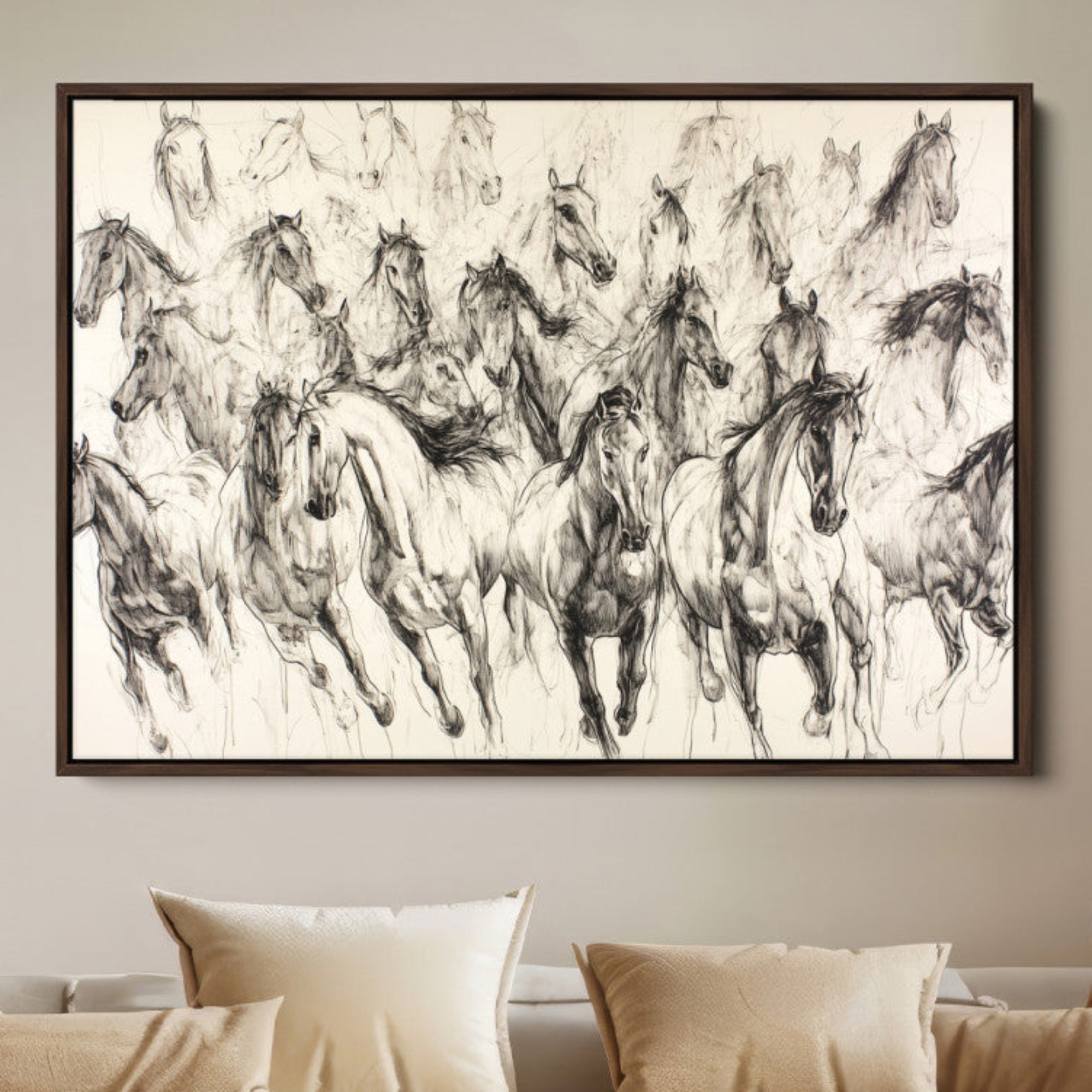 19433417-MGV-FC-36X24-Running Horses Wall Art Canvas Print – Framed Galloping Herd Dynamic Equestrian Sketch Nature Artwork for Home Office