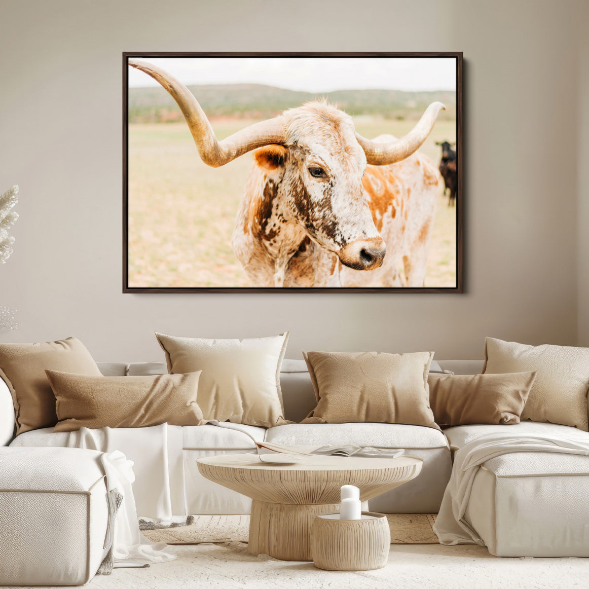21060648-MGV-FC-36X24-Texas Longhorn Wall Art Canvas Print – Framed Speckled Cow Rustic Bull Western Farmhouse Animal Artwork for Home Office