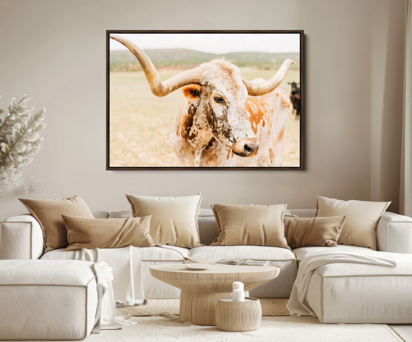 21060648-MGV-FC-36X24-Texas Longhorn Wall Art Canvas Print – Framed Speckled Cow Rustic Bull Western Farmhouse Animal Artwork for Home Office