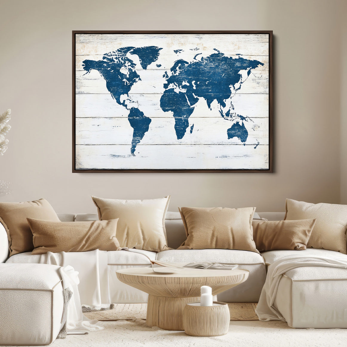 54107201-MGV-FC-36X24-Framed Push Pin World Map Canvas Print – Rustic Blue Wall Art for Home and Office Decor, Travel Map Gift
