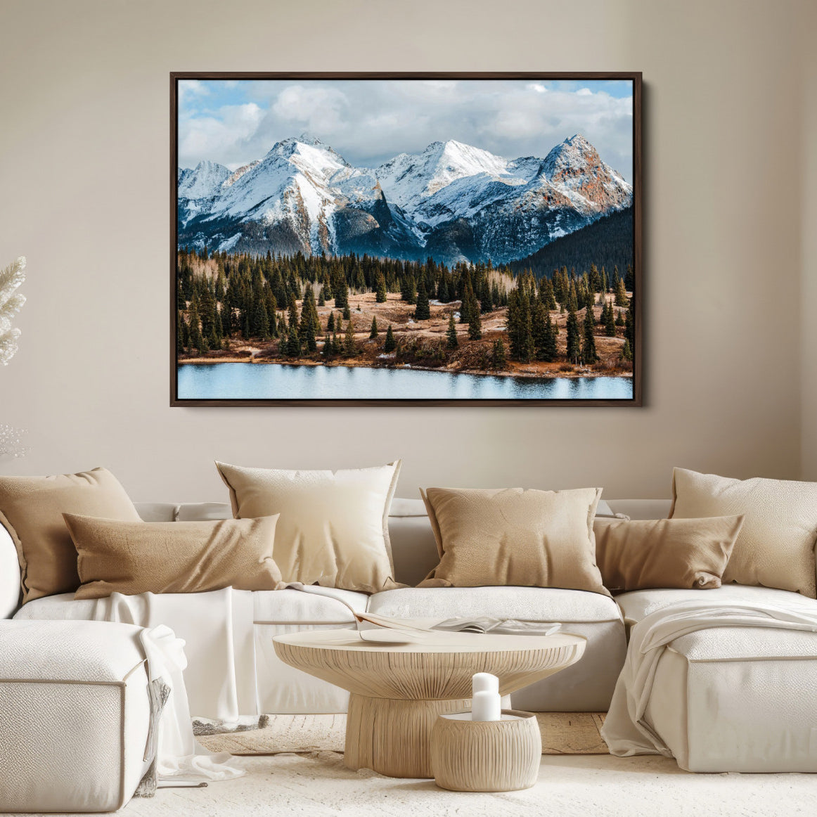36247746-MGV-FC-36X24-Snowy Peaks Wall Art Canvas Print, Framed Alpine Lake Art Picture Print, Pine Forest Perfect Alpine