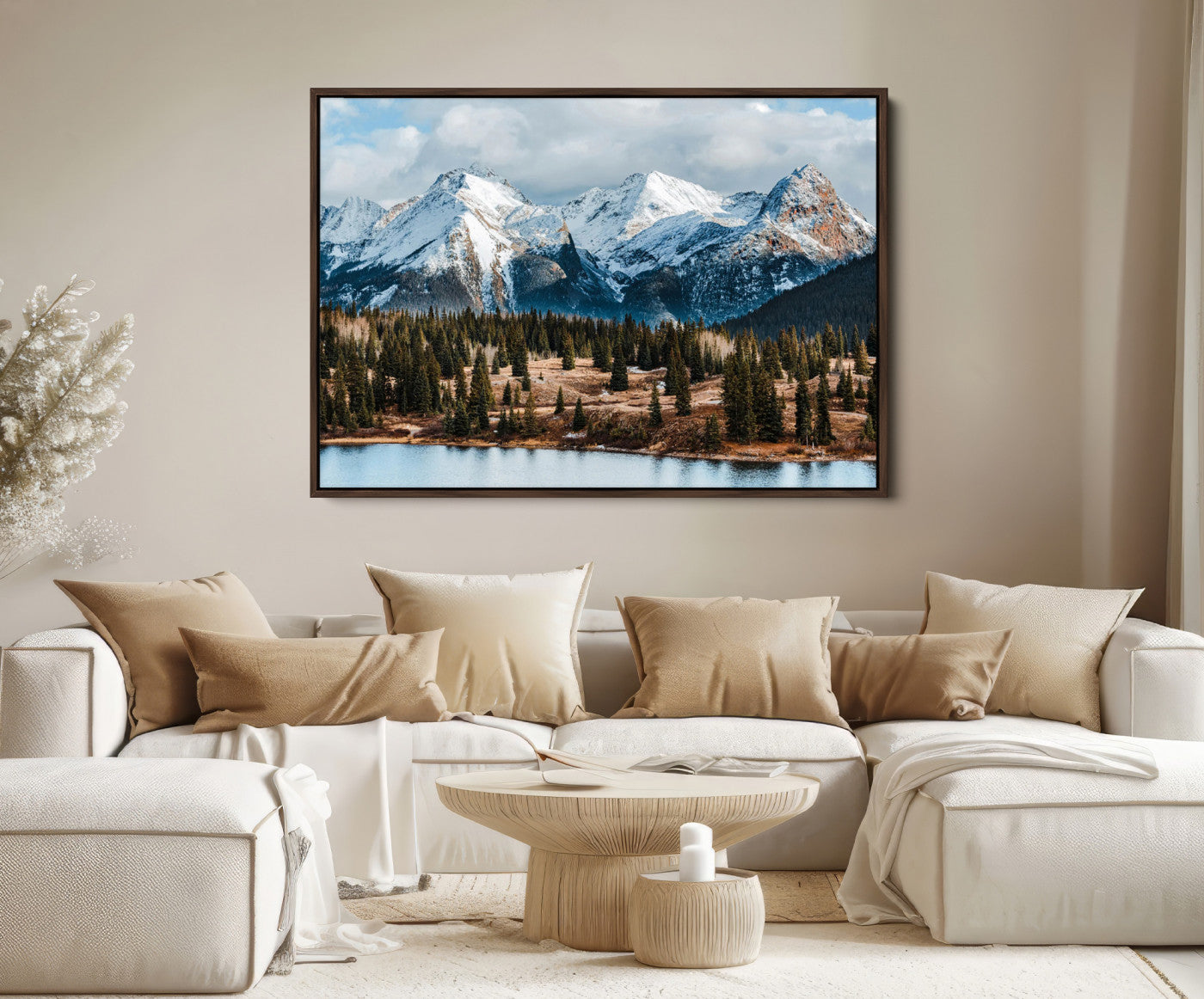 36247746-MGV-FC-36X24-Snowy Peaks Wall Art Canvas Print, Framed Alpine Lake Art Picture Print, Pine Forest Perfect Alpine