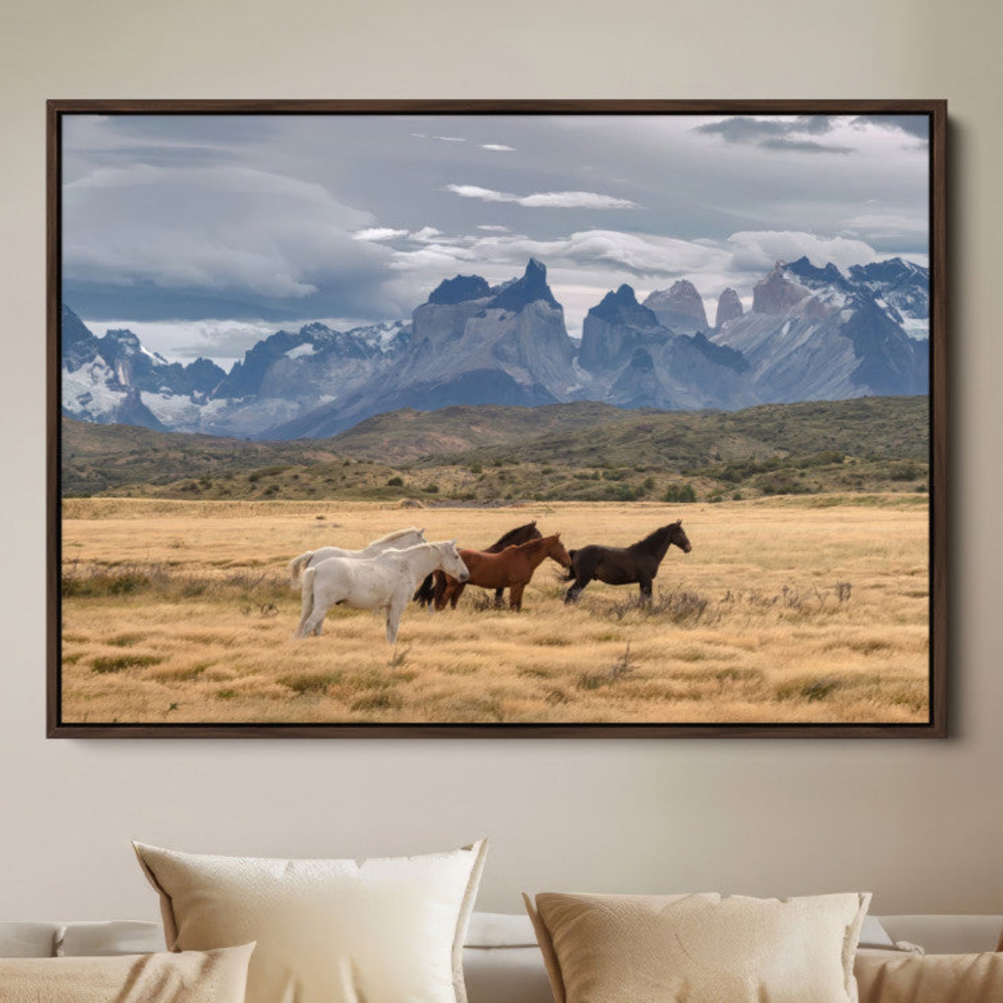 69960232-MGV-FC-36X24-Horses Grazing Wall Art Canvas Print – Framed Mountain Field Scenic Landscape Cloudy Sky Nature Artwork for Home Office