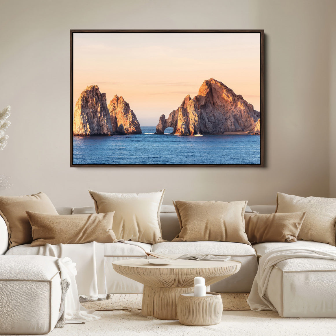 72996116-MGV-FC-36X24-El Arco Wall Art Canvas Print, Framed Cabo Rocks Art Picture Print, Ocean Arch Perfect Golden