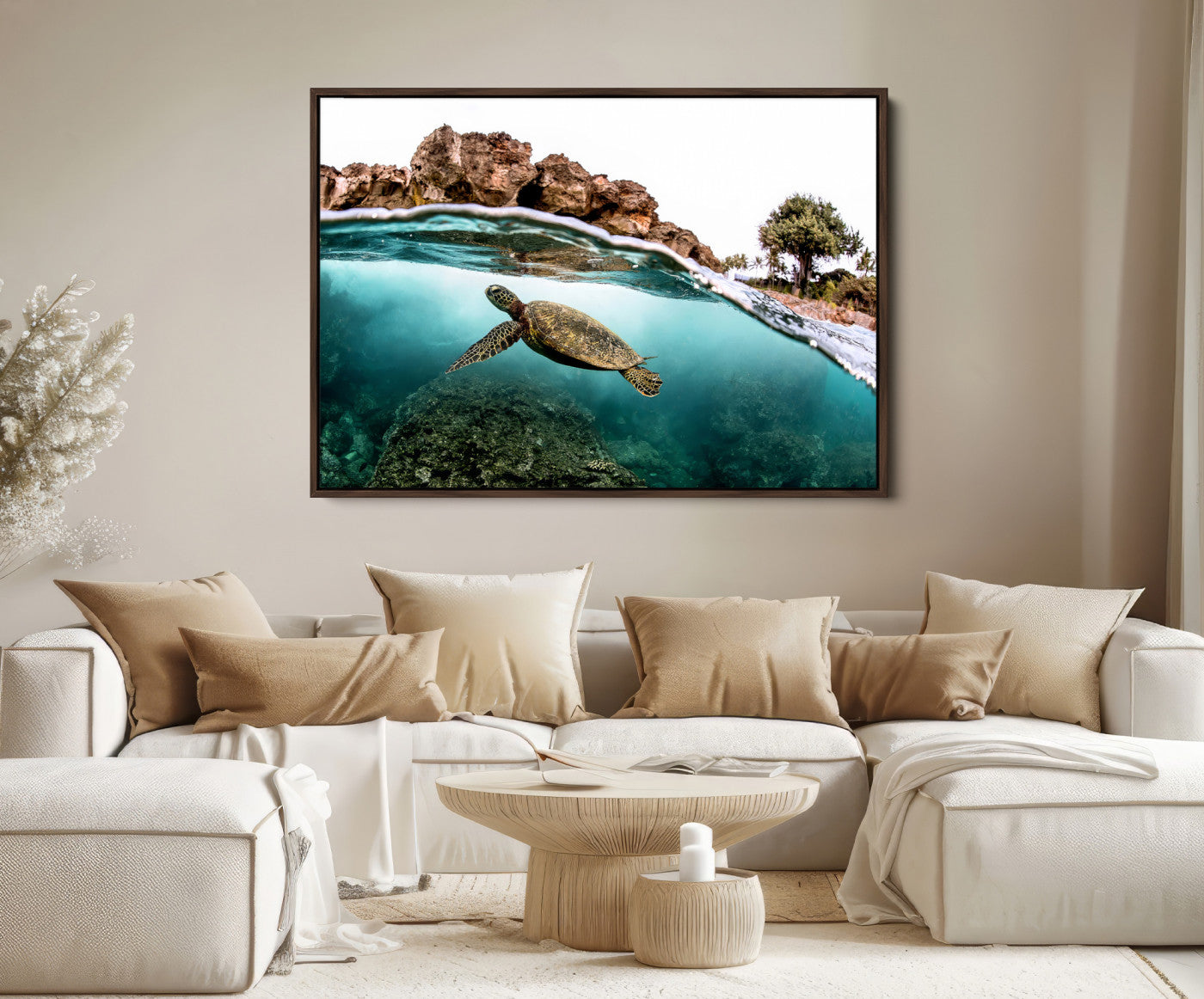 44200301-MGV-FC-36X24-Sea Turtle Wall Art Canvas Print, Framed Ocean Life Art Picture Print, Tropical Perfect Coastal