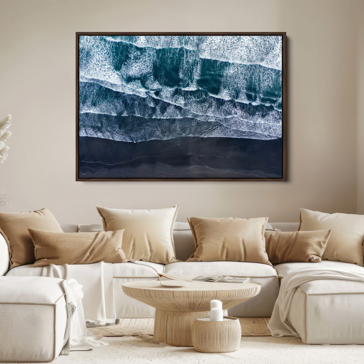 87941475-MGV-FC-36X24-Black Beach Wall Art Canvas Print – Framed Aerial Ocean View Moody Coastal Seascape Nature Artwork for Home Office