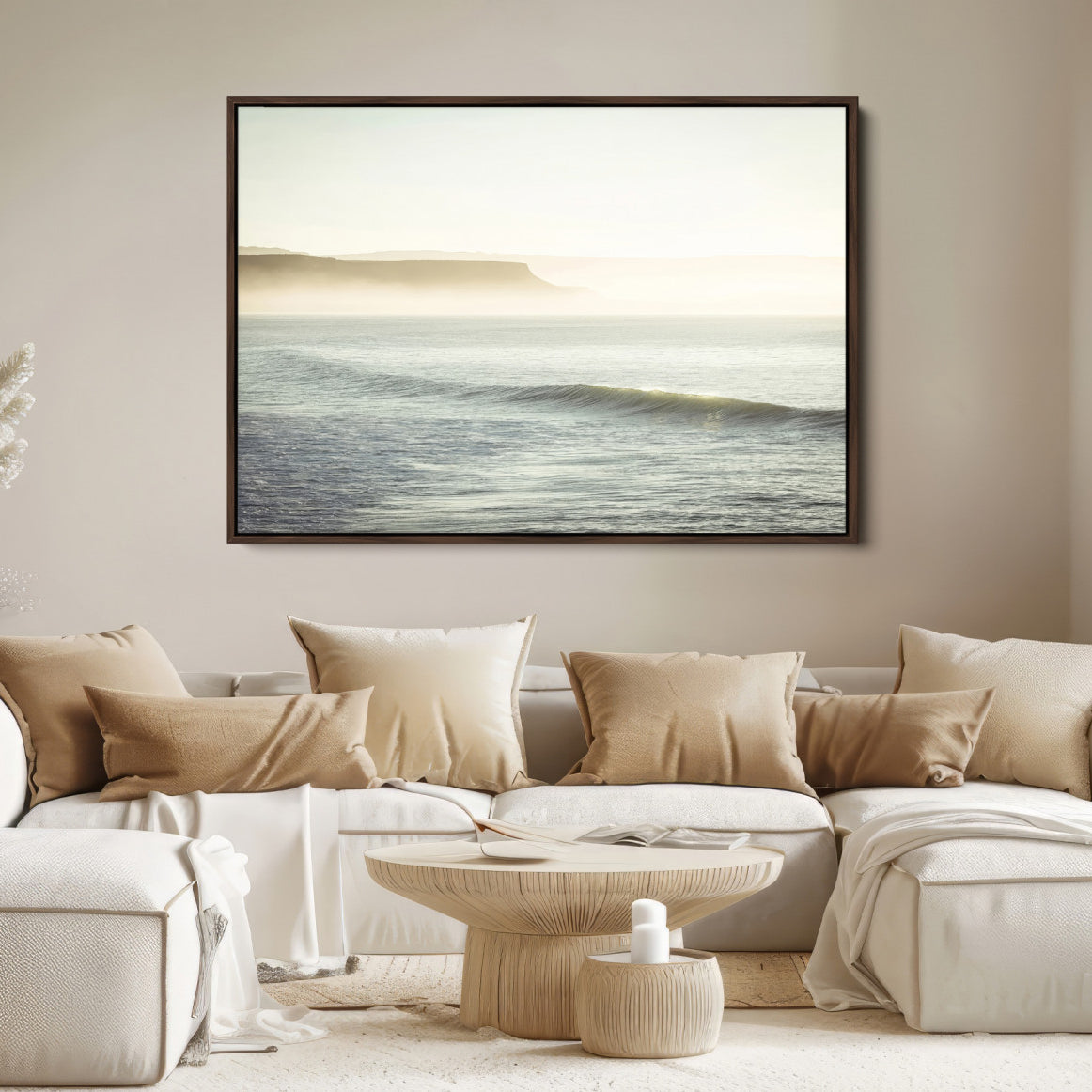 39310633-MGV-FC-36X24-Coastal Cliffs Wall Art Canvas Print, Framed Misty Ocean Art Picture Print, Soft Morning Perfect