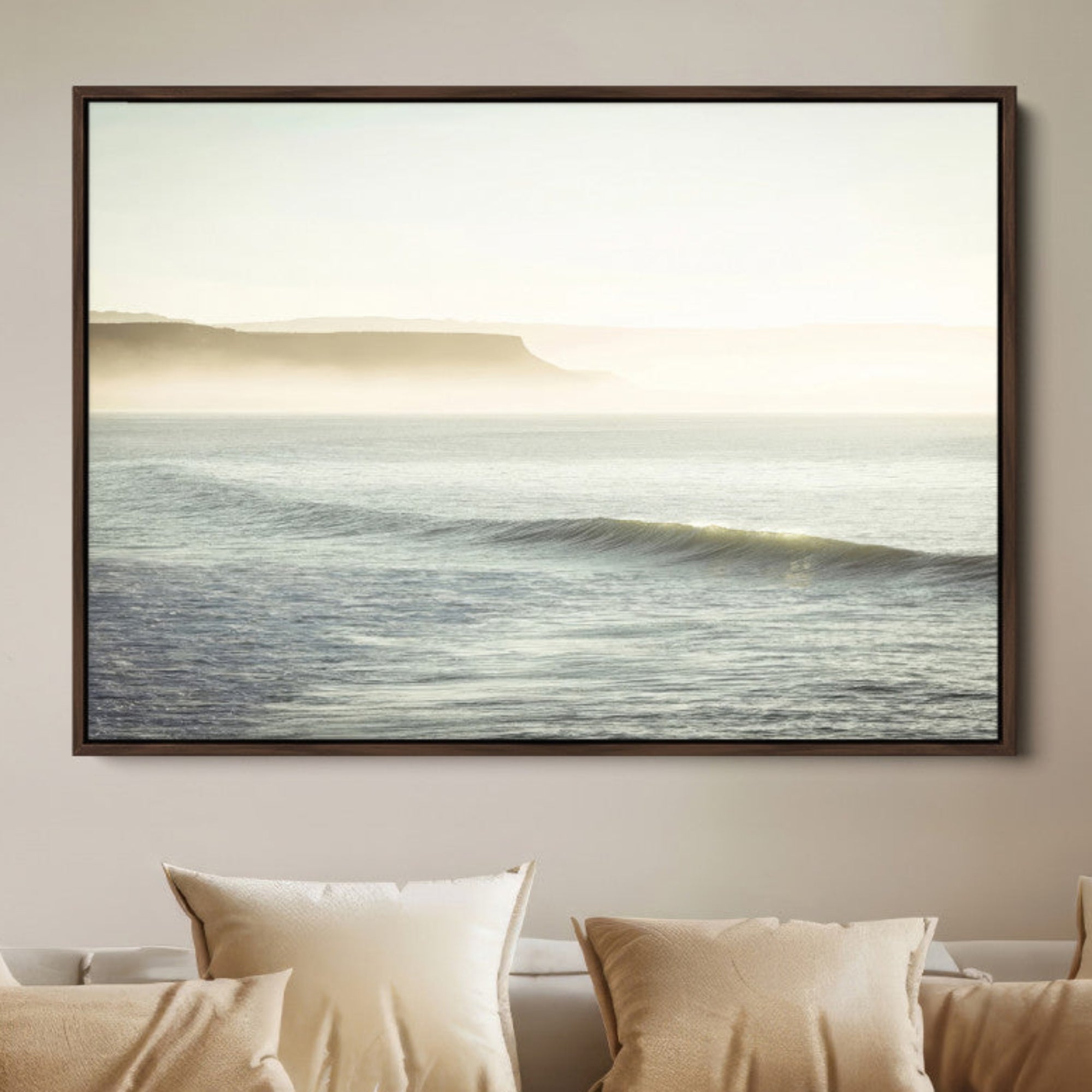 39310633-MGV-FC-36X24-Coastal Cliffs Wall Art Canvas Print – Misty Ocean Seascape Framed Soft Morning Light Nature Artwork for Home Office