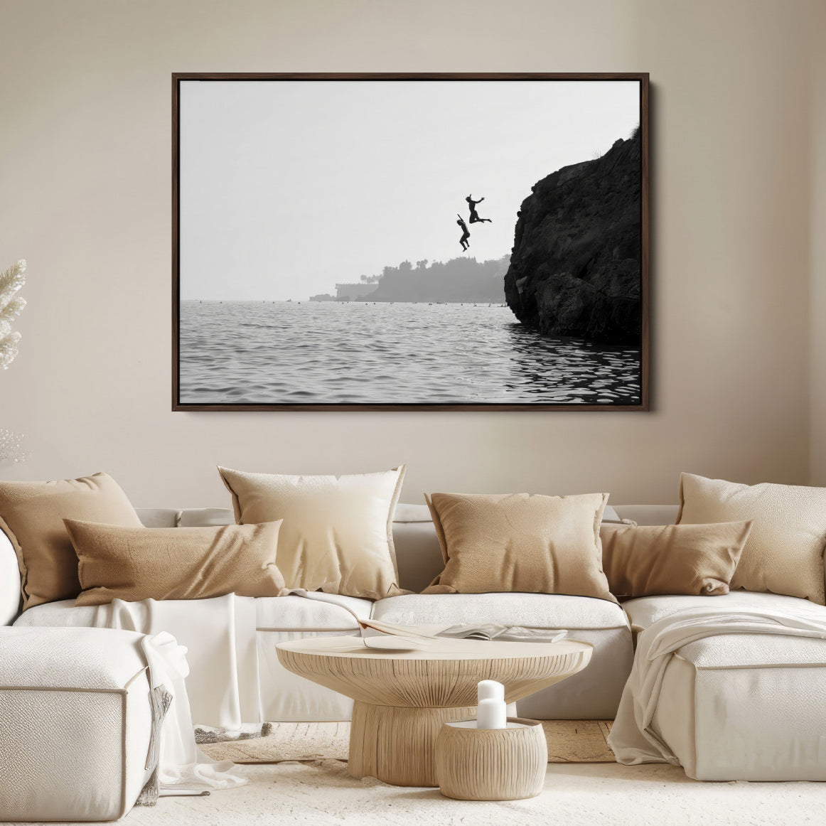 52284302-MGV-FC-36X24-Jumping Wall Art Canvas Print – Framed Coastal Ocean Scene Artwork for Relaxing Beach Home, Office Decor