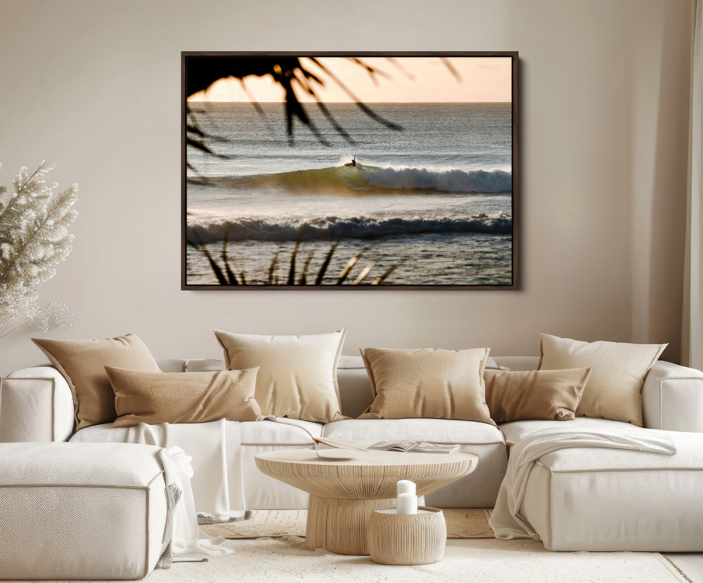 24896468-MGV-FC-36X24-Sunset Surf Wall Art Canvas Print – Framed Golden Hour Waves Scene Artwork for Boho Home, Office, Living Room Decor