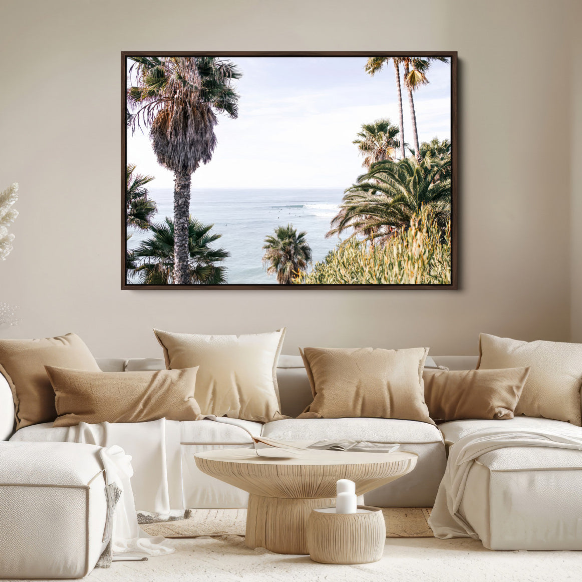 51404565-MGV-FC-36X24-Coastal Palm Trees Wall Art Canvas Print – Framed Ocean Breeze Tropical Scene Artwork for Relaxing Home, Office Decor