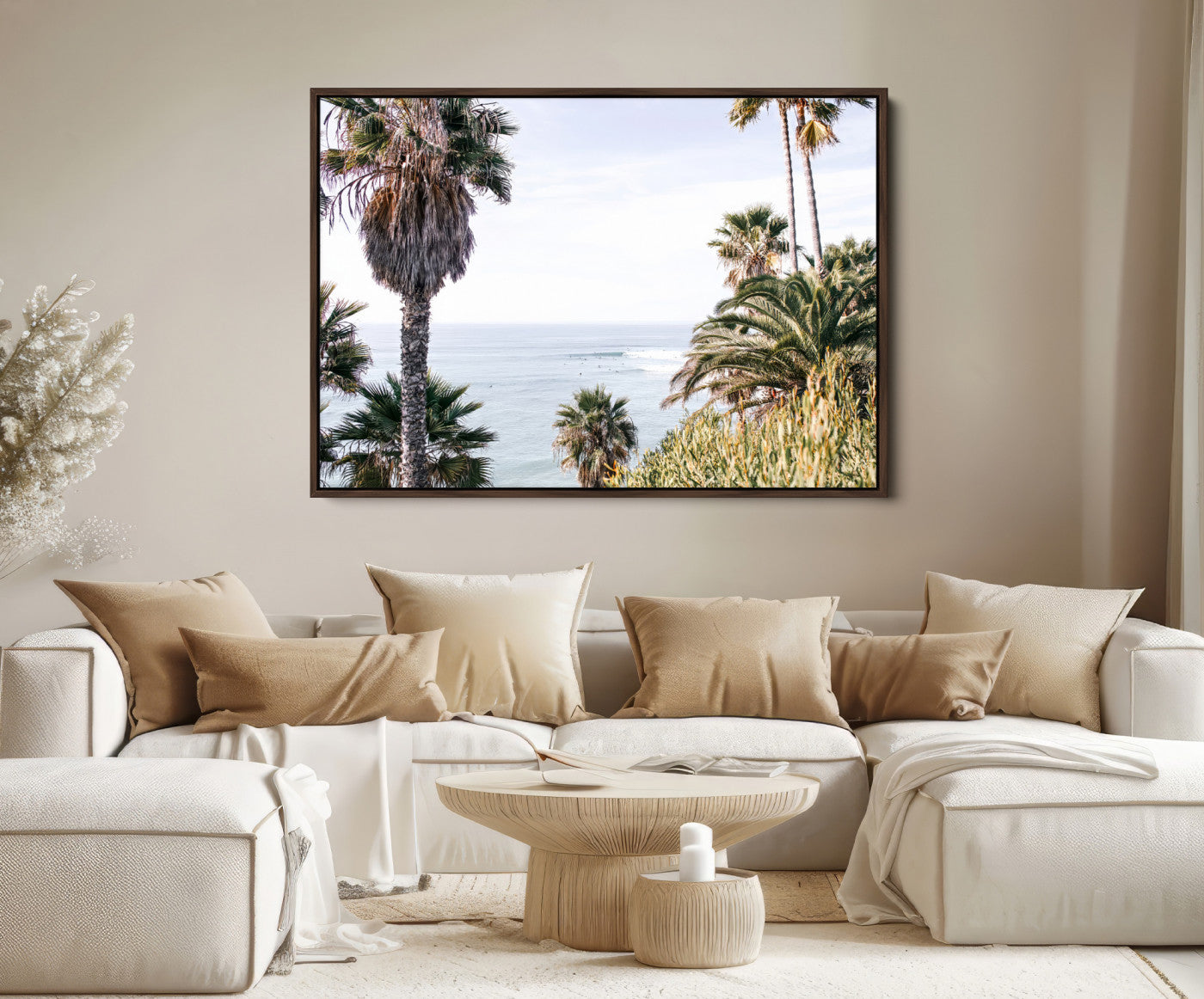 51404565-MGV-FC-36X24-Coastal Palm Trees Wall Art Canvas Print – Framed Ocean Breeze Tropical Scene Artwork for Relaxing Home, Office Decor