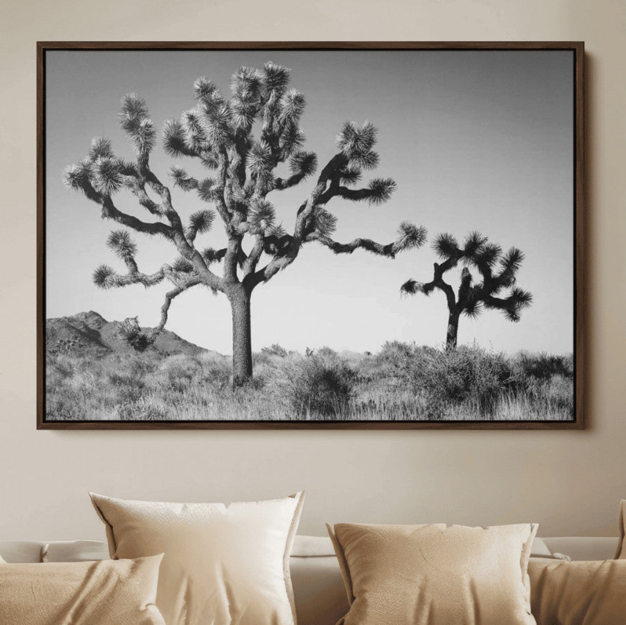 93692513-MGV-FC-36X24_Walnut-Joshua Tree Wall Art Canvas Print, Framed Monochrome Desert Art Picture Print, Minimalist Nature