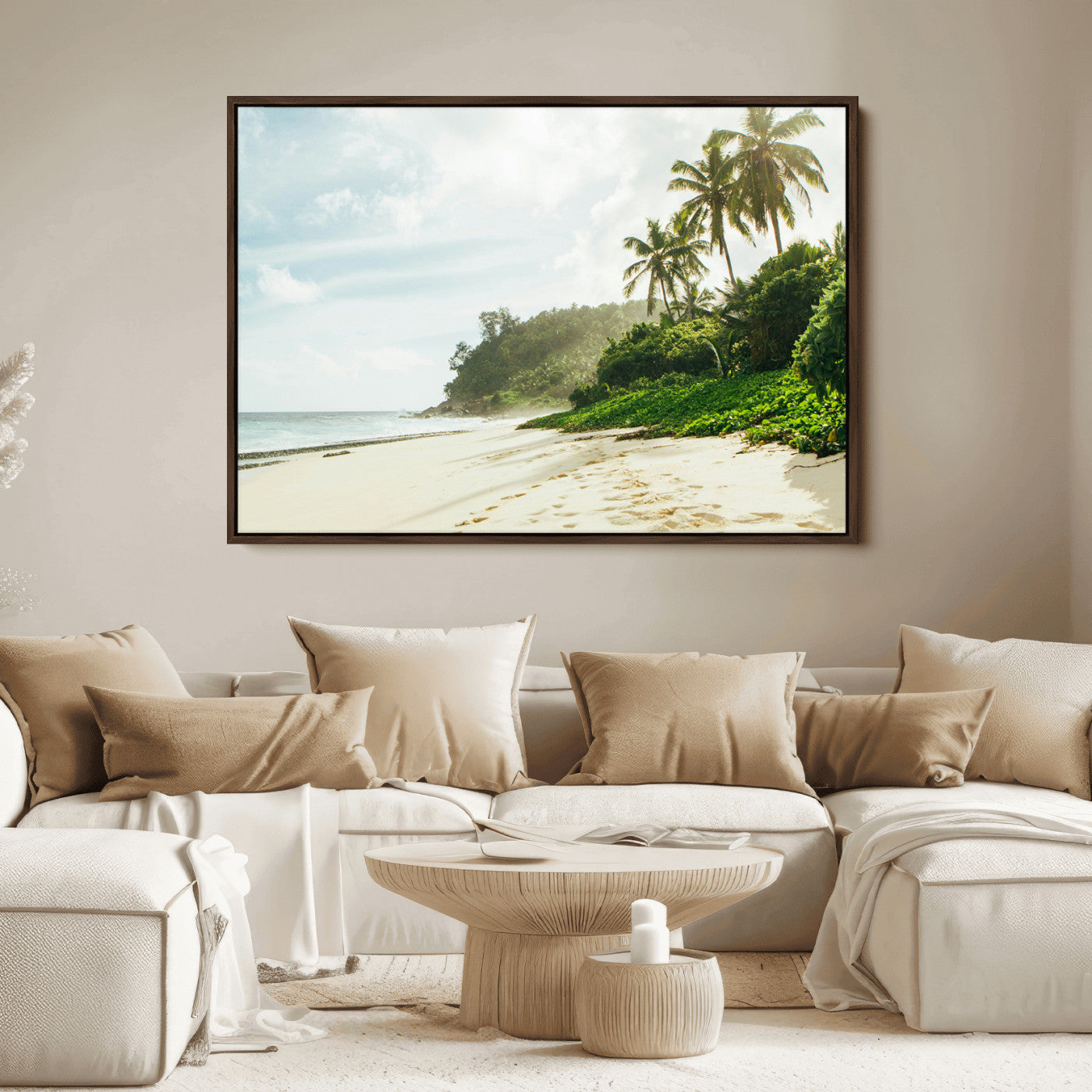 A tropical beach with palm trees, soft sand, and ocean waves under a bright sky, creating a peaceful and relaxing coastal view.