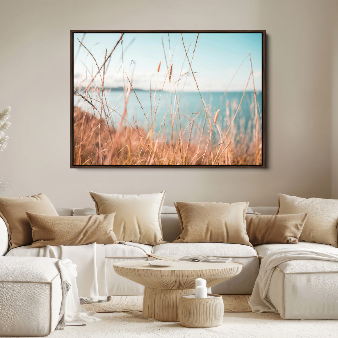 36108696-MGV-FC-36X24-Coastal Grass Landscape Wall Art Canvas Print – Golden Shoreline Nature Scene Serene Ocean View Artwork for Home Office