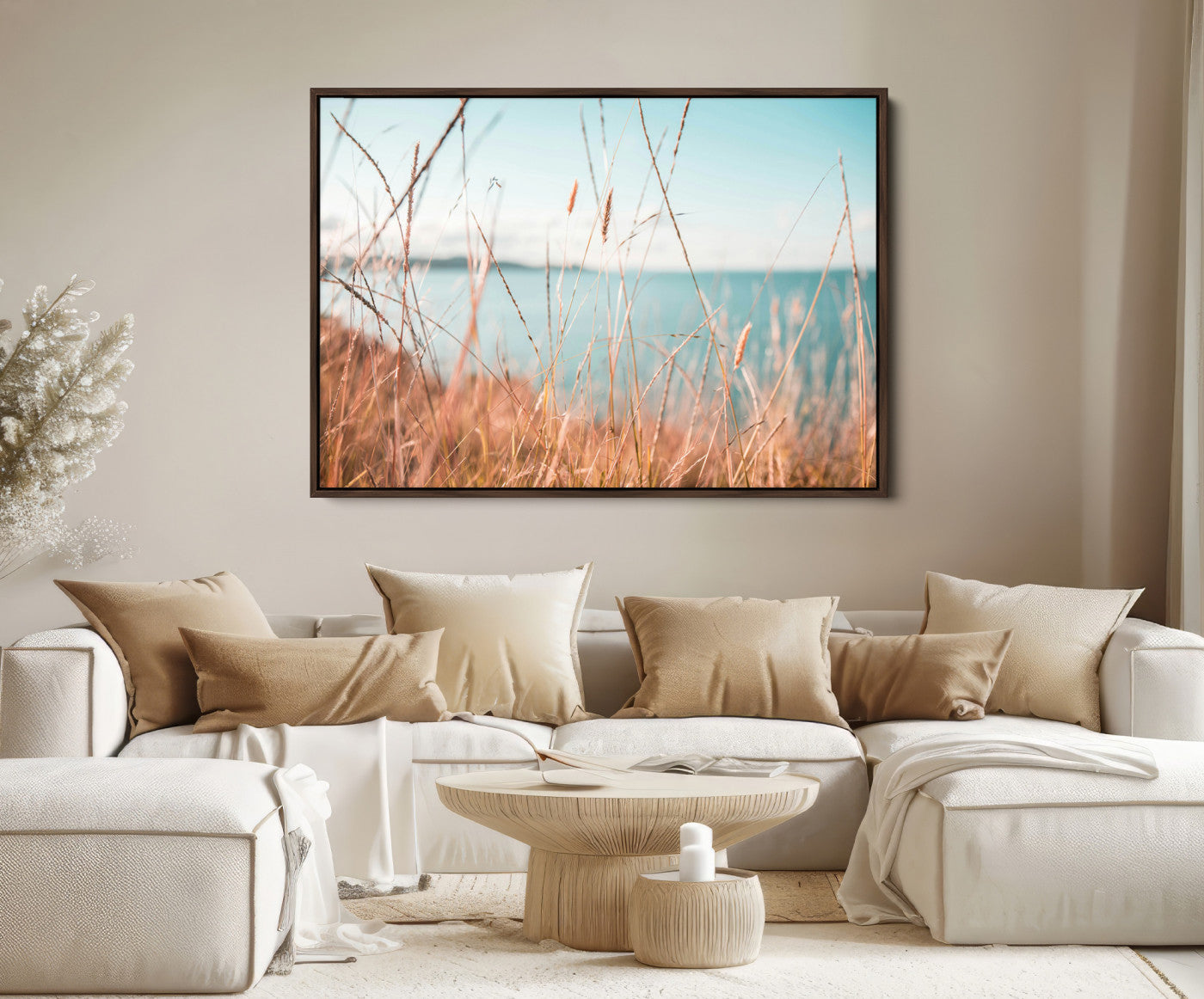 36108696-MGV-FC-36X24-Coastal Grass Landscape Wall Art Canvas Print – Golden Shoreline Nature Scene Serene Ocean View Artwork for Home Office