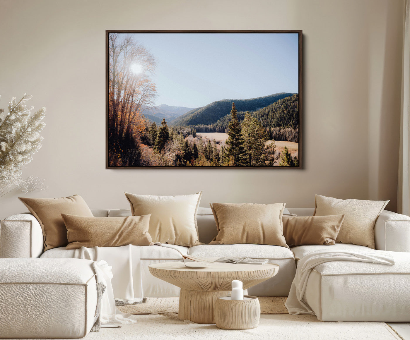 52941305-MGV-FC-36X24-Rustic Landscape Wall Art Canvas Print – Serene Valley Scene Pine Tree Horizon Nature Artwork for Home Office