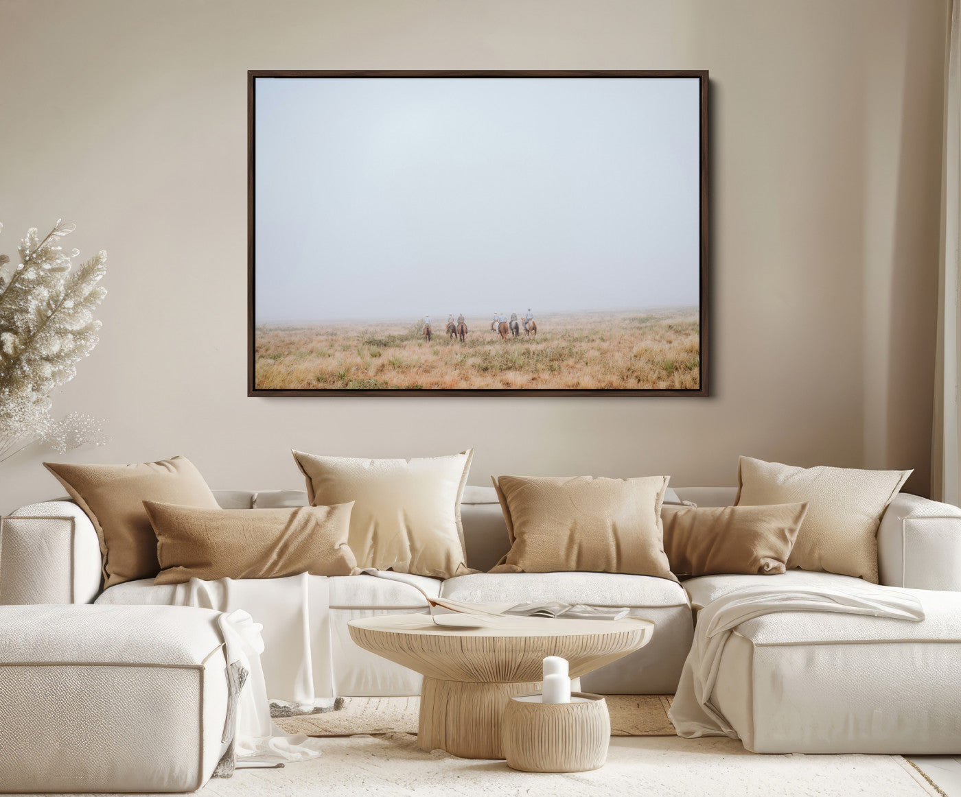 14761944-MGV-FC-36X24-Foggy Plains Wall Art Canvas Print – Framed Horseback Riders Rustic Western Landscape Scene Artwork for Home Office