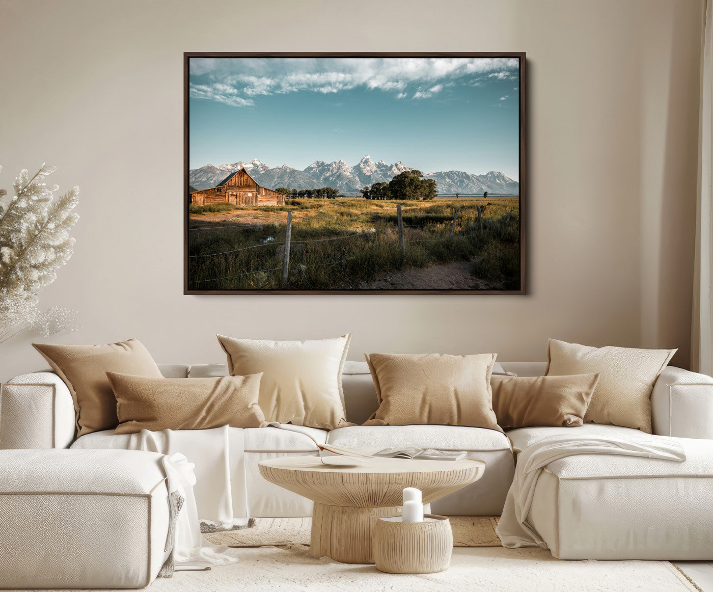 92497443-MGV-FC-36X24-Rustic Farmhouse Wall Art Canvas Print – Framed Mountain Cabin Western Landscape Scene Artwork for Home Office