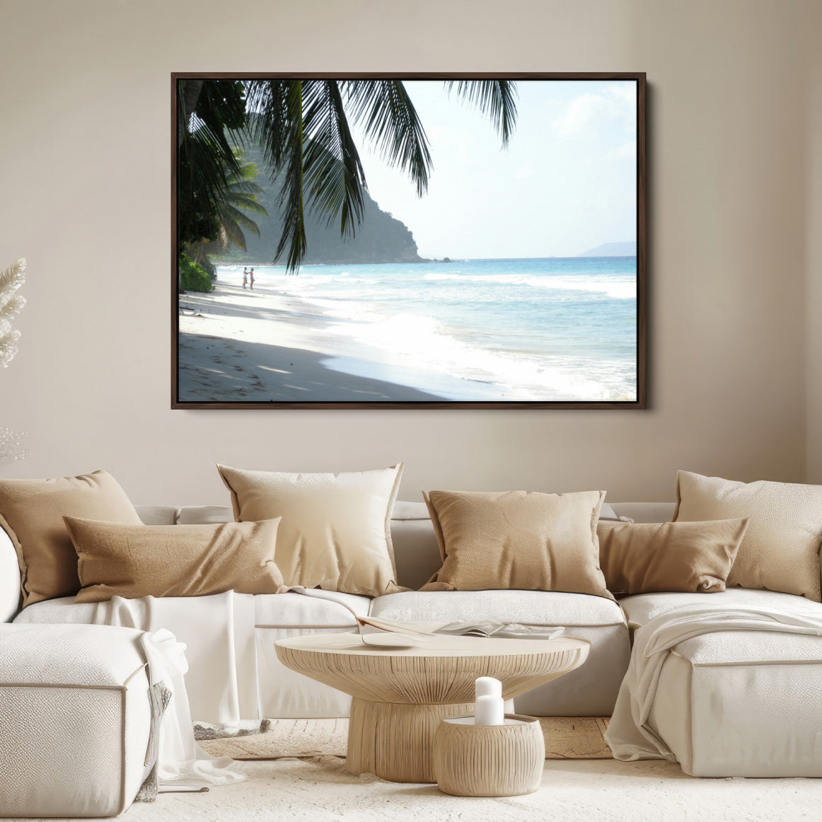 18311030-MGV-FC-36X24-Tropical Beach Wall Art Canvas Print – Framed Serene Ocean Scene Palm Tree Shadows Coastal Nature Artwork for Home Office