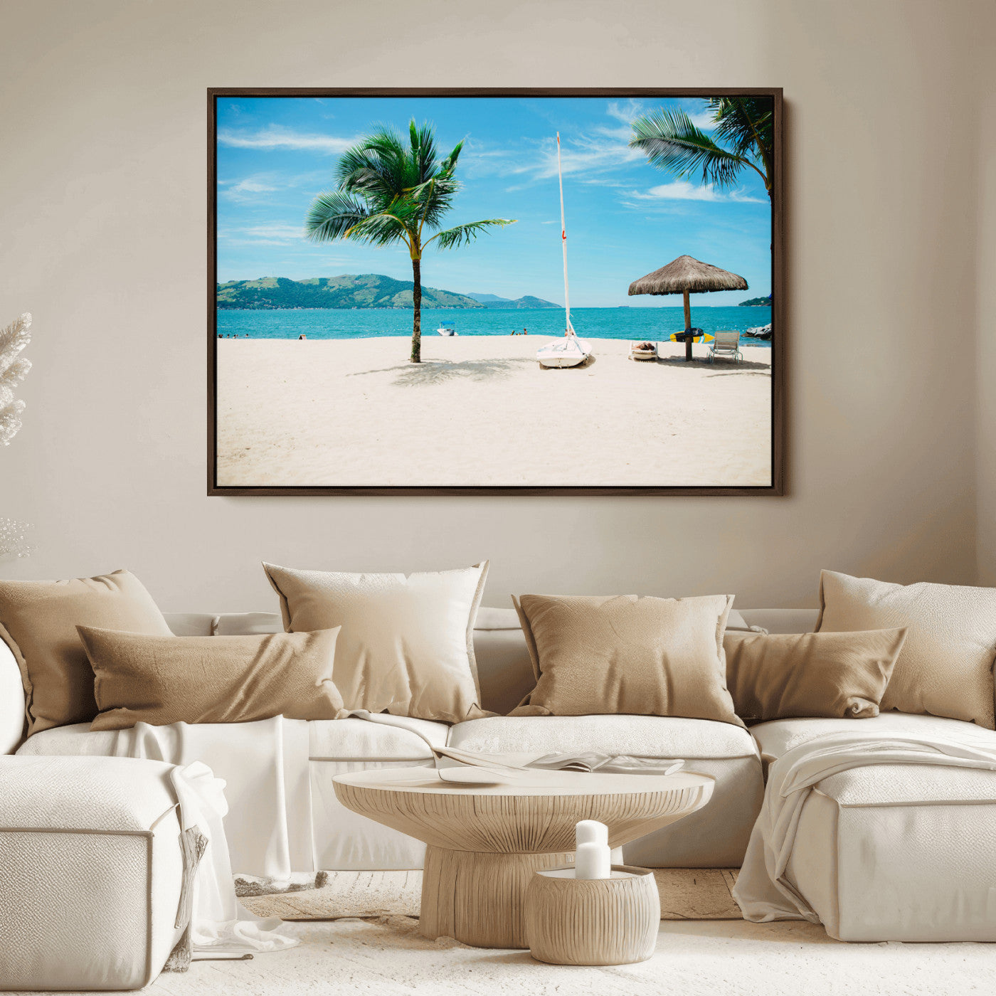 Tropical beach scene with palm trees, a white sailboat, and turquoise ocean waters under a bright blue sky, creating a peaceful summer vibe.