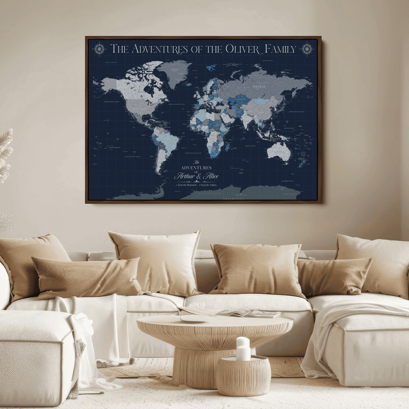 -Personalized Family Adventure World Map – Custom Framed Push Pin Travel Tracker Canvas, Elegant Wall Art for Home, Office
