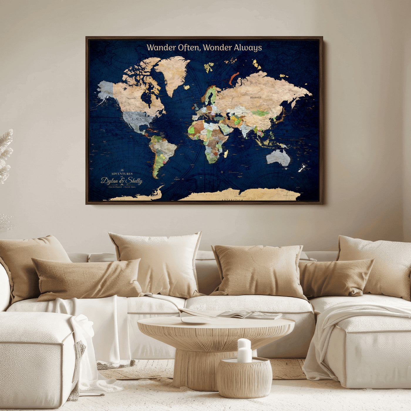 Rehber01-MGV-CV-36X24-Personalized World Map Canvas – Custom Framed Push Pin Travel Map Wall Art, Navy Blue Vintage Gift for Couples and Adventurers