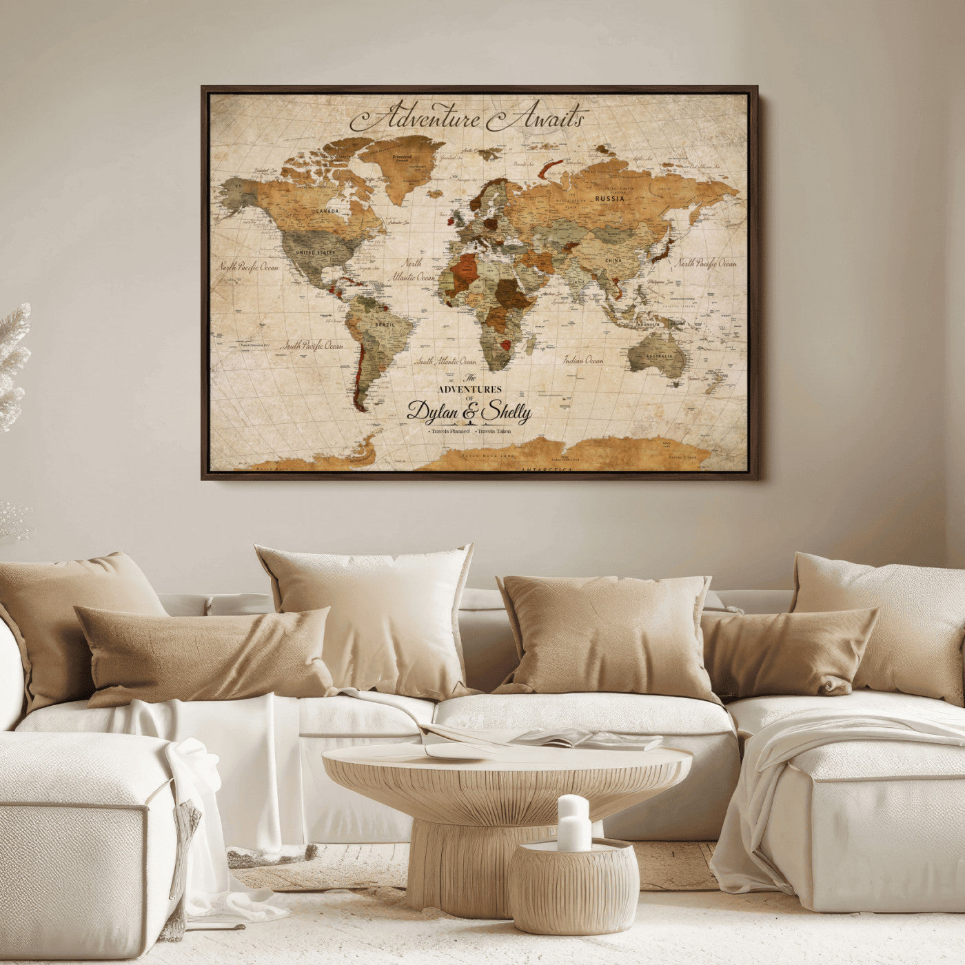 Rehber01-MGV-CV-36X24-Personalized Push Pin World Map Canvas Print – Custom Adventure Travel Map, Framed Wall Art Gift for Couples or Family