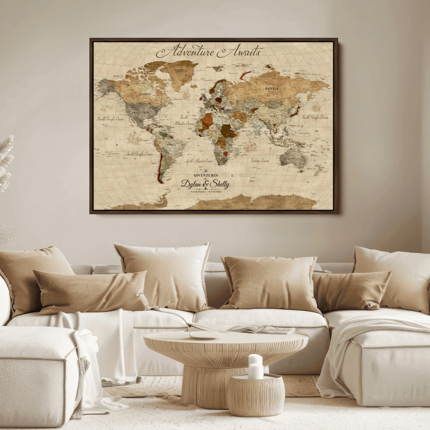 Rehber01-MGV-CV-36X24-Personalized World Map Canvas – Custom Framed Push Pin Travel Map Wall Art with Names, Vintage Style Gift for Couples