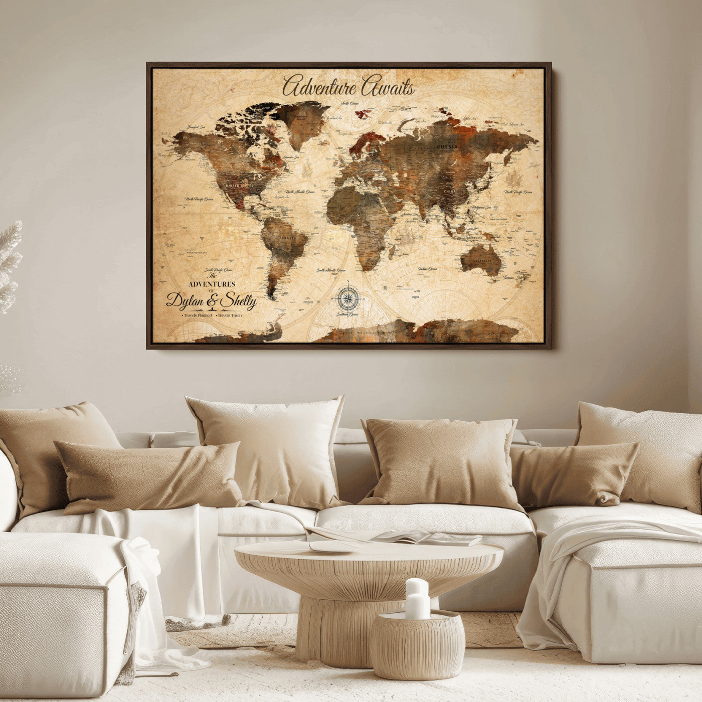 Rehber01-MGV-CV-36X24-Personalized World Map Canvas Wall Art – Custom Framed Push Pin Travel Tracker Print, Unique Gift for Home or Office Decor