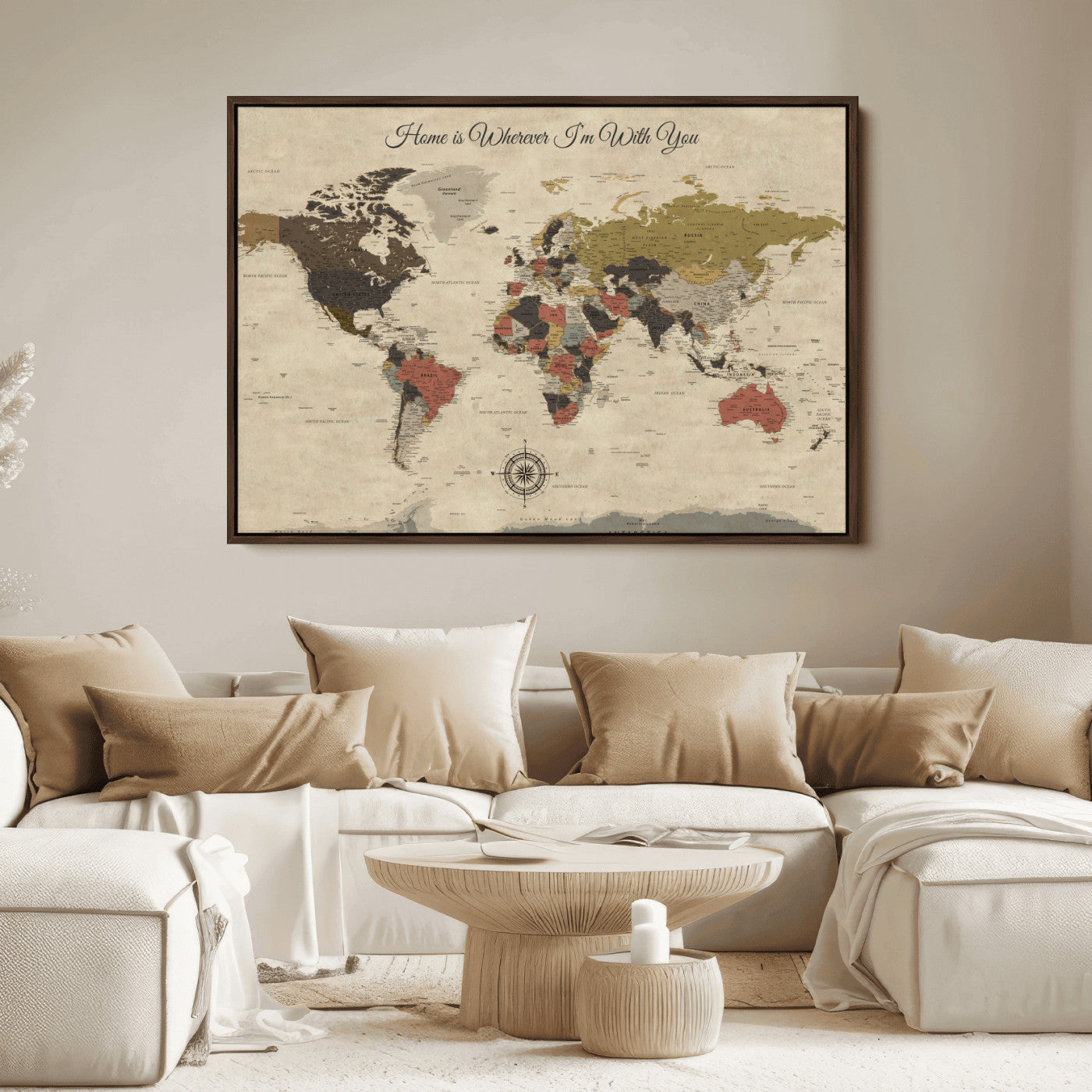 -Personalized World Map Wall Art Canvas Print – Customizable Push Pin Framed Travel Map Artwork for Home Office
