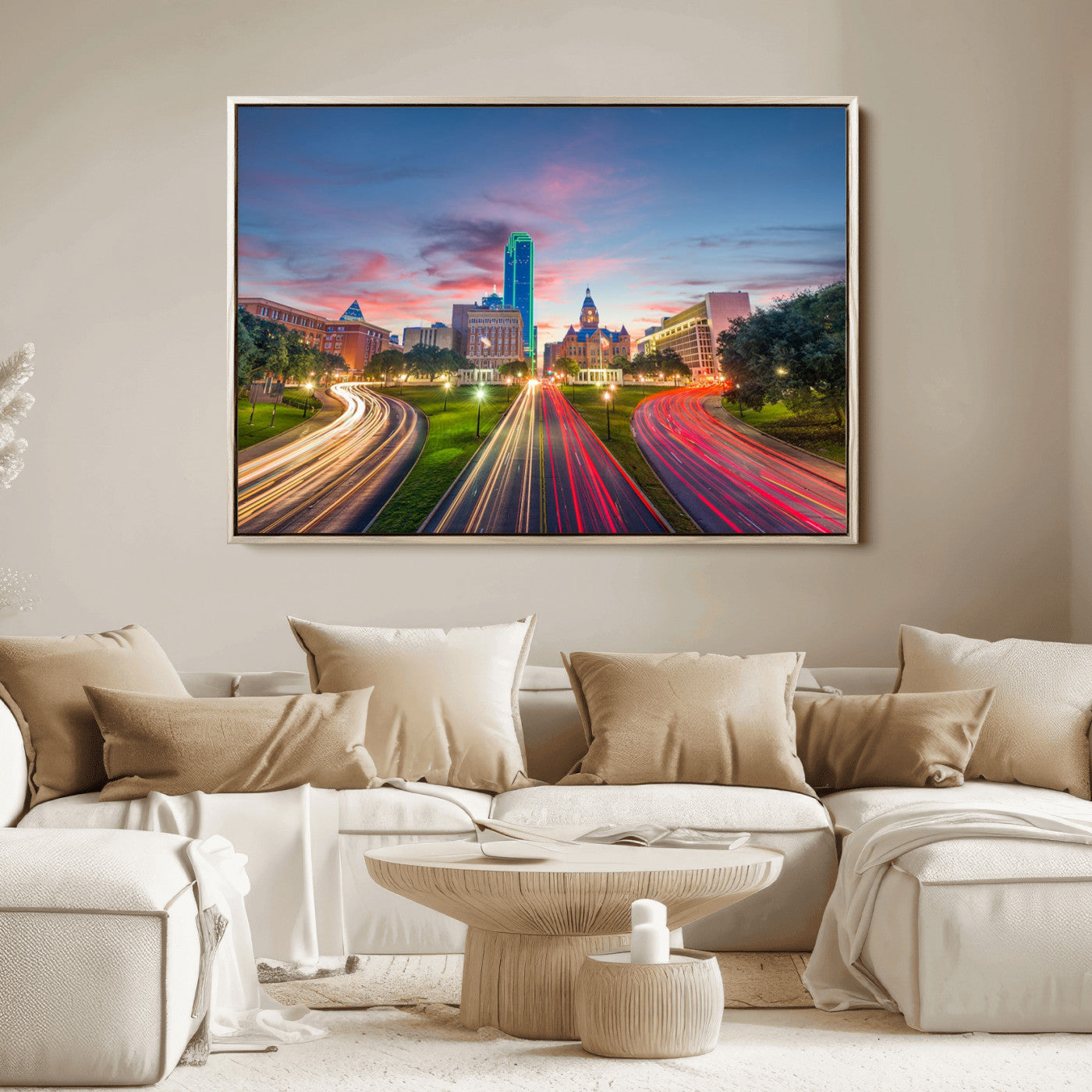 33960-MGV-FC-36X24_Natural-Dallas City Lights Large Wall Art Dallas Cityscape Canvas Print Framed Living Room Decor