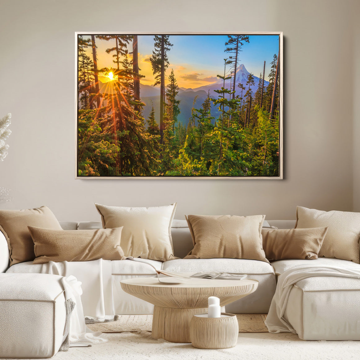83544043-MGV-FC-36X24-Forest Sunset Wall Art Canvas Print, Framed Sunset Trees Art Picture Print, Green Pines Perfect