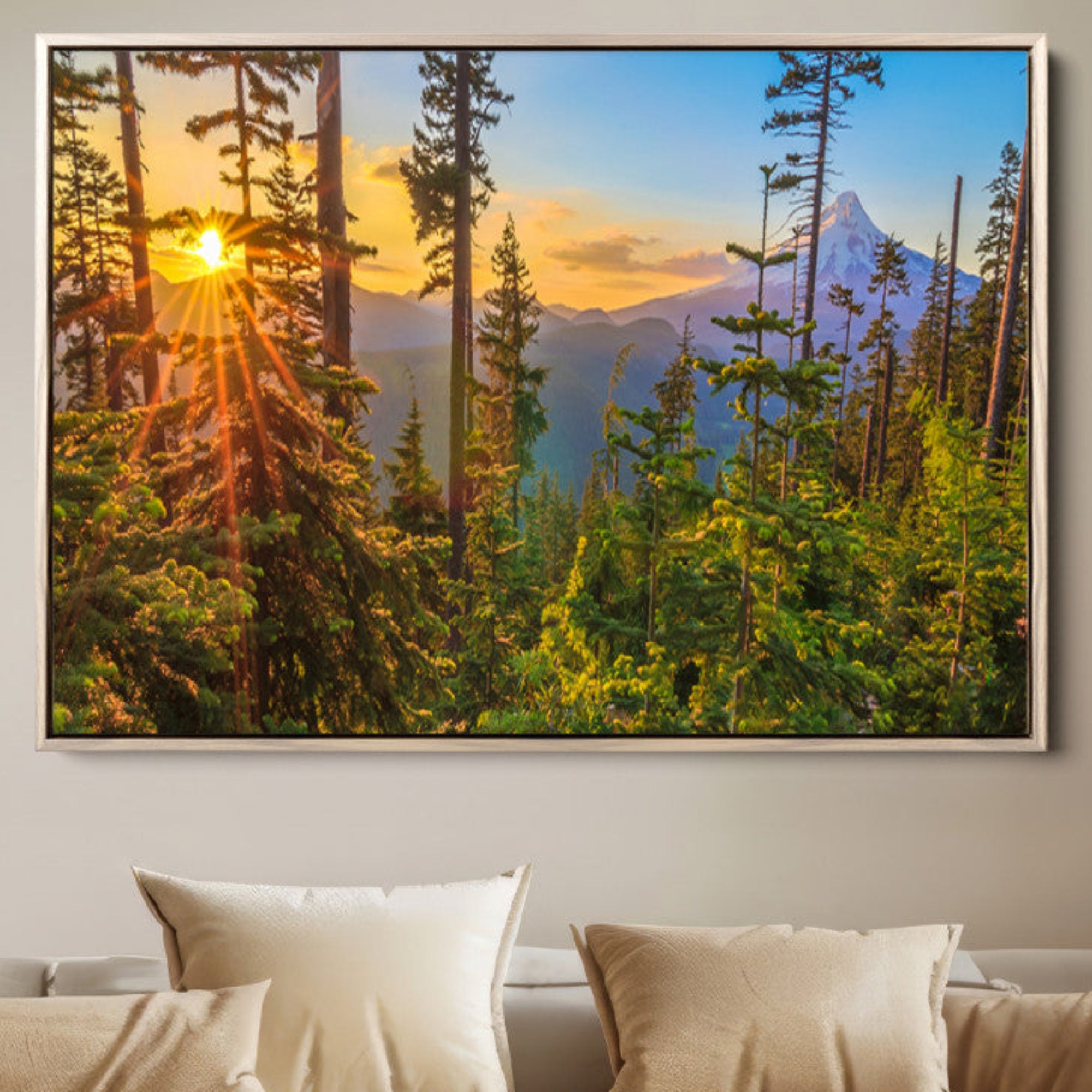 83544043-MGV-FC-36X24-Forest Sunset Wall Art Canvas Print – Green Pines Sunset Trees Golden Light Nature Artwork for Home Office