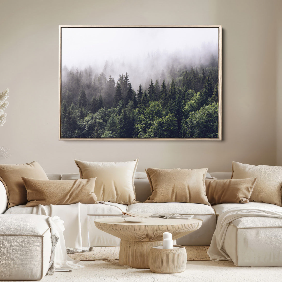 62890402-MGV-FC-36X24-Misty Forest Wall Art Canvas Print, Framed Foggy Pines Art Picture Print, Pine Valley Perfect Moody