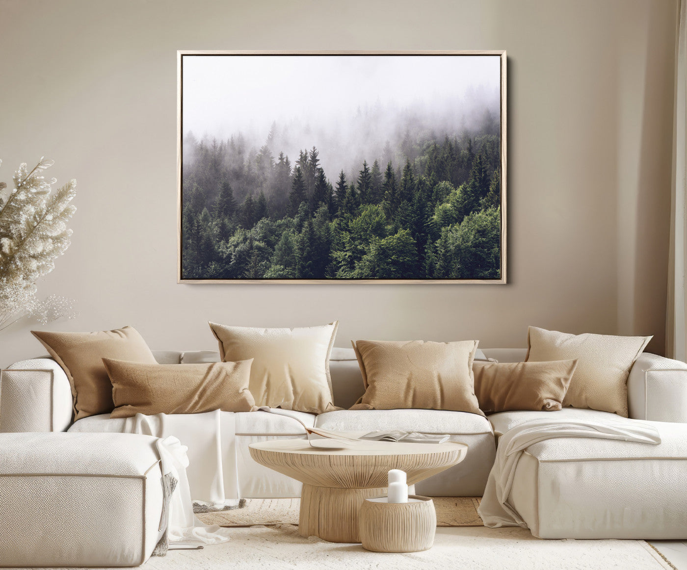 62890402-MGV-FC-36X24-Misty Forest Wall Art Canvas Print, Framed Foggy Pines Art Picture Print, Pine Valley Perfect Moody