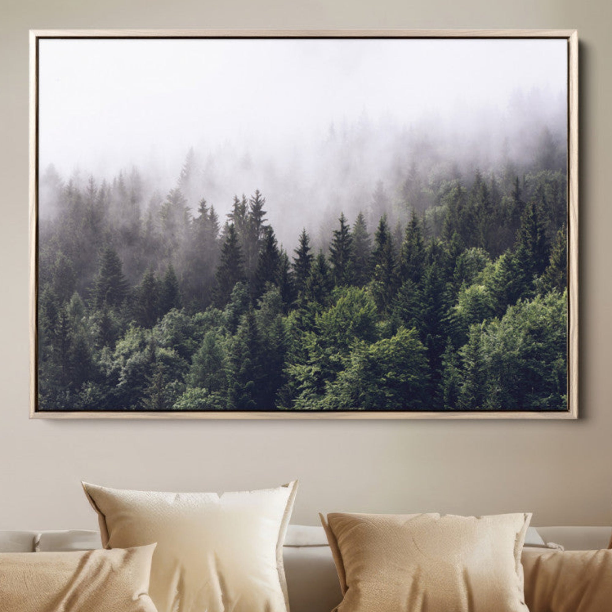 62890402-MGV-FC-36X24-Misty Forest Wall Art Canvas Print – Foggy Pines Pine Valley Moody Landscape Nature Artwork for Home Office