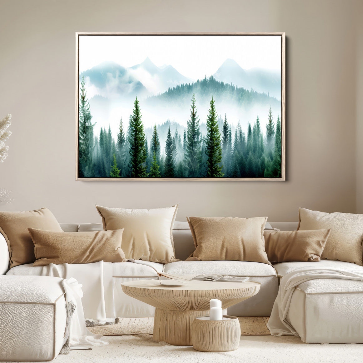 16716676-MGV-FC-36X24-Pine Forest Wall Art Canvas Print – Misty Mountains Foggy Trees Serene Woodland Nature Artwork for Home Office