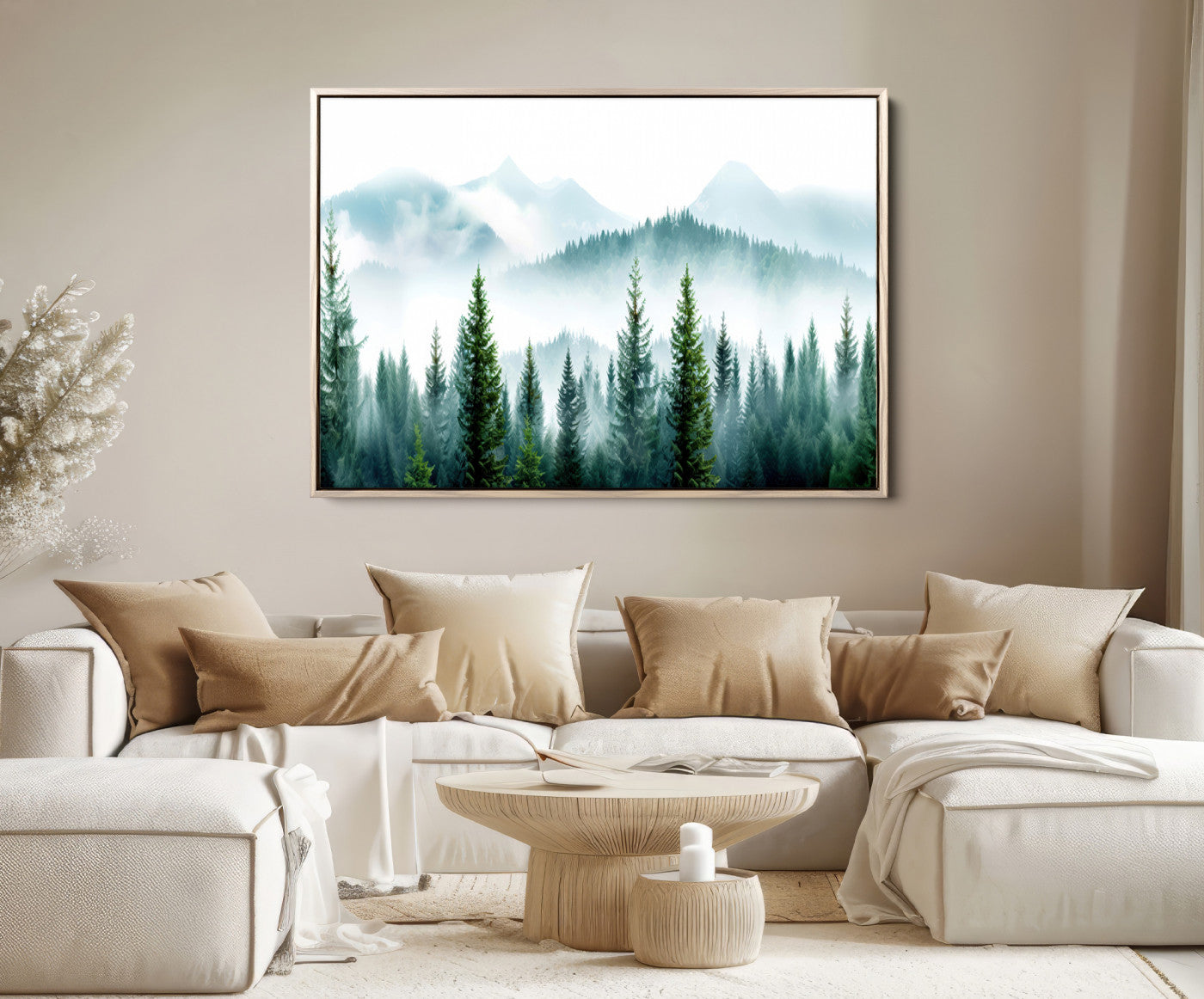 16716676-MGV-FC-36X24-Pine Forest Wall Art Canvas Print – Misty Mountains Foggy Trees Serene Woodland Nature Artwork for Home Office