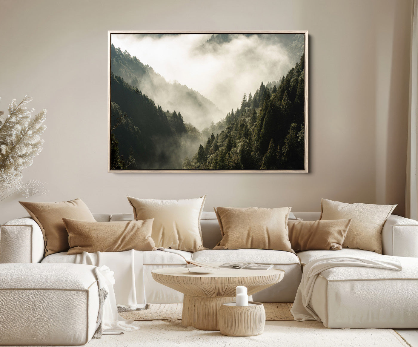 57570237-MGV-FC-36X24-Misty Valley Wall Art Canvas Print – Foggy Forest Pine Trees Serene Woodland Landscape Artwork for Home Office