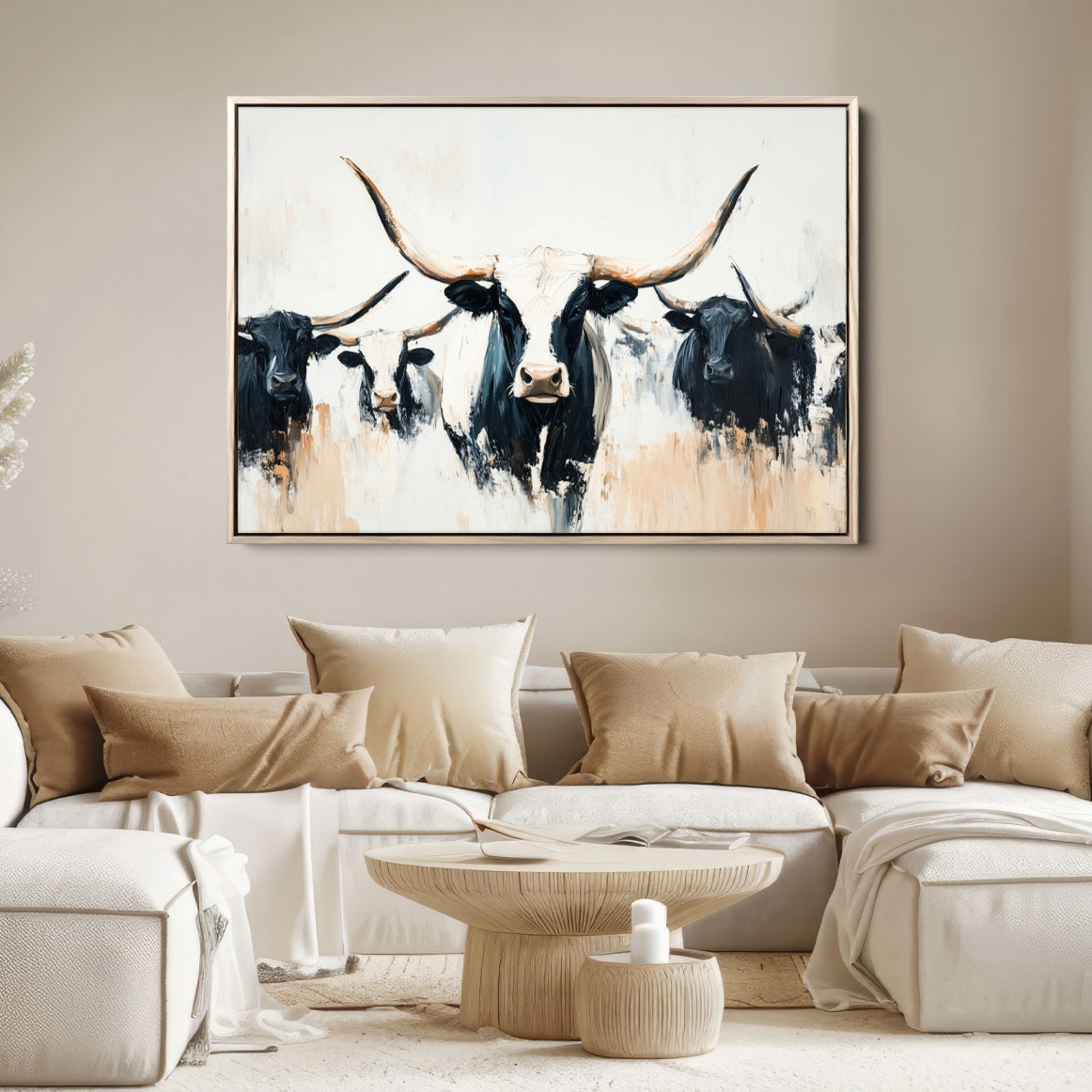 94780606-MGV-FC-36X24-Texas Longhorn Wall Art Canvas Print, Framed Western Cattle Art Picture Print, Horned Bull Perfect