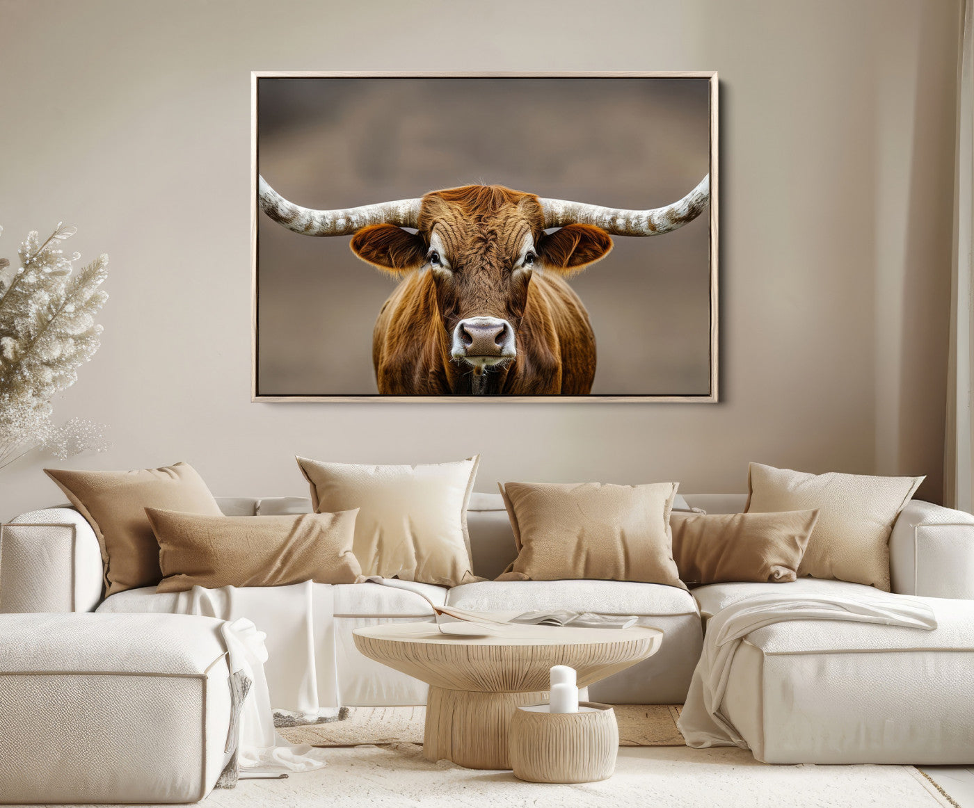 12179171-MGV-FC-36X24-Texas Longhorn Wall Art Canvas Print – Brown Bull Rustic Ranch Western Cattle Nature Artwork for Home Office