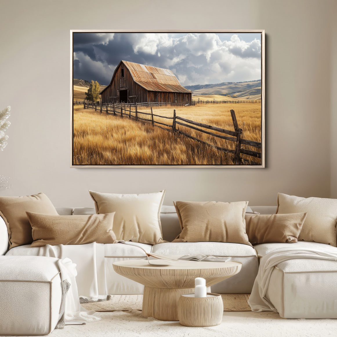 38758826-MGV-FC-36X24-Rustic Barn Wall Art Canvas Print – Framed Moody Barn Golden Field Countryside Farmhouse Landscape Artwork for Home Office