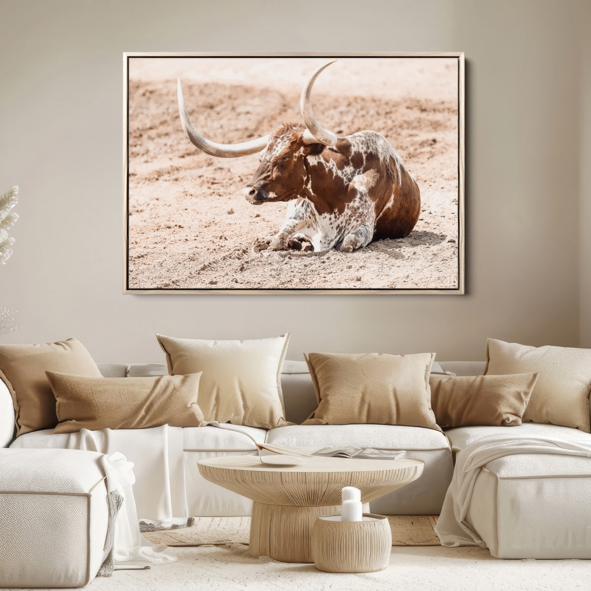 91248682-MGV-FC-36X24-Texas Longhorn Wall Art Canvas Print, Framed Resting Bull Art Picture Print, Spotted Cattle Perfect