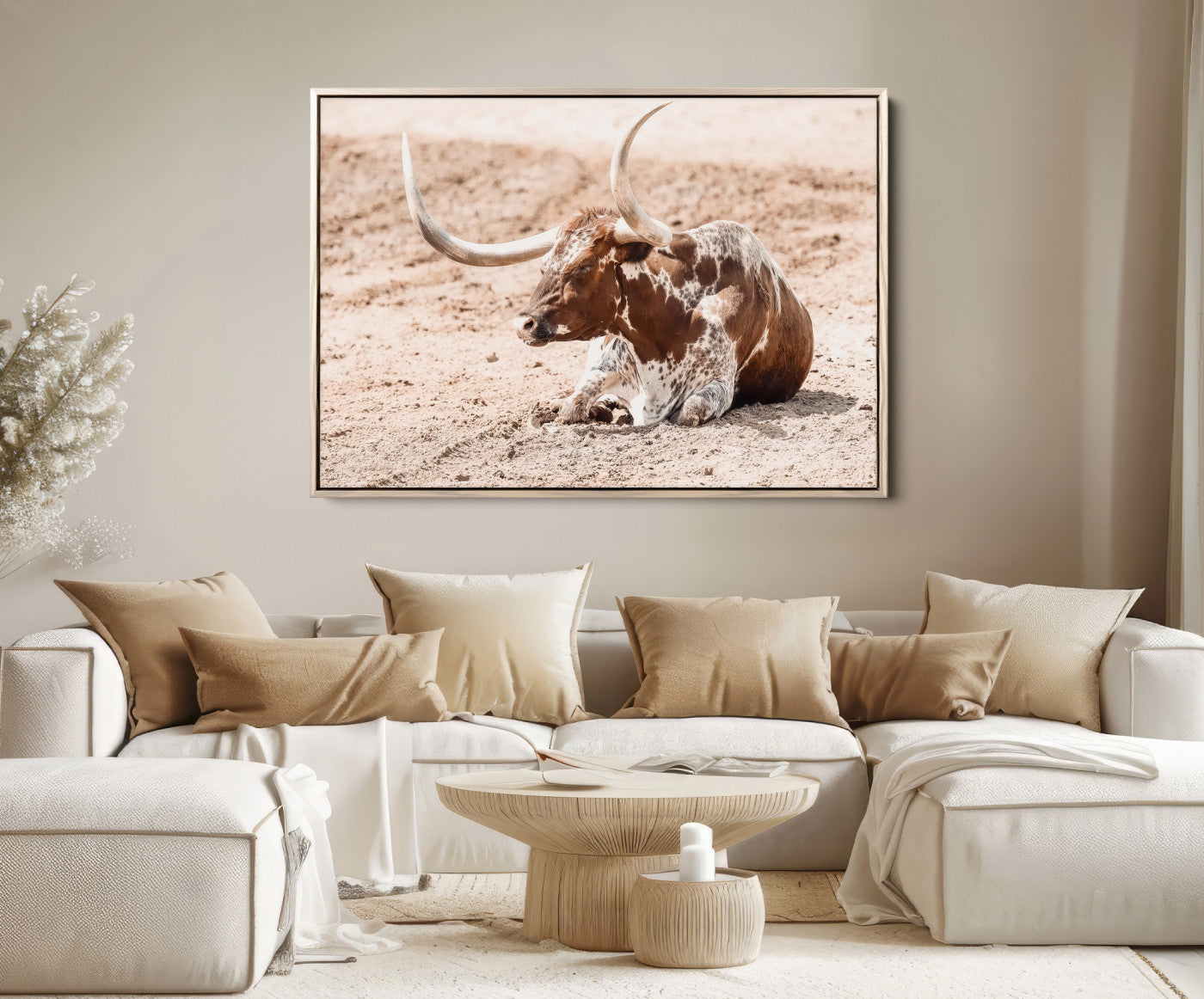 91248682-MGV-FC-36X24-Texas Longhorn Wall Art Canvas Print – Framed Resting Bull Spotted Cattle Western Ranch Animal Artwork for Home Office