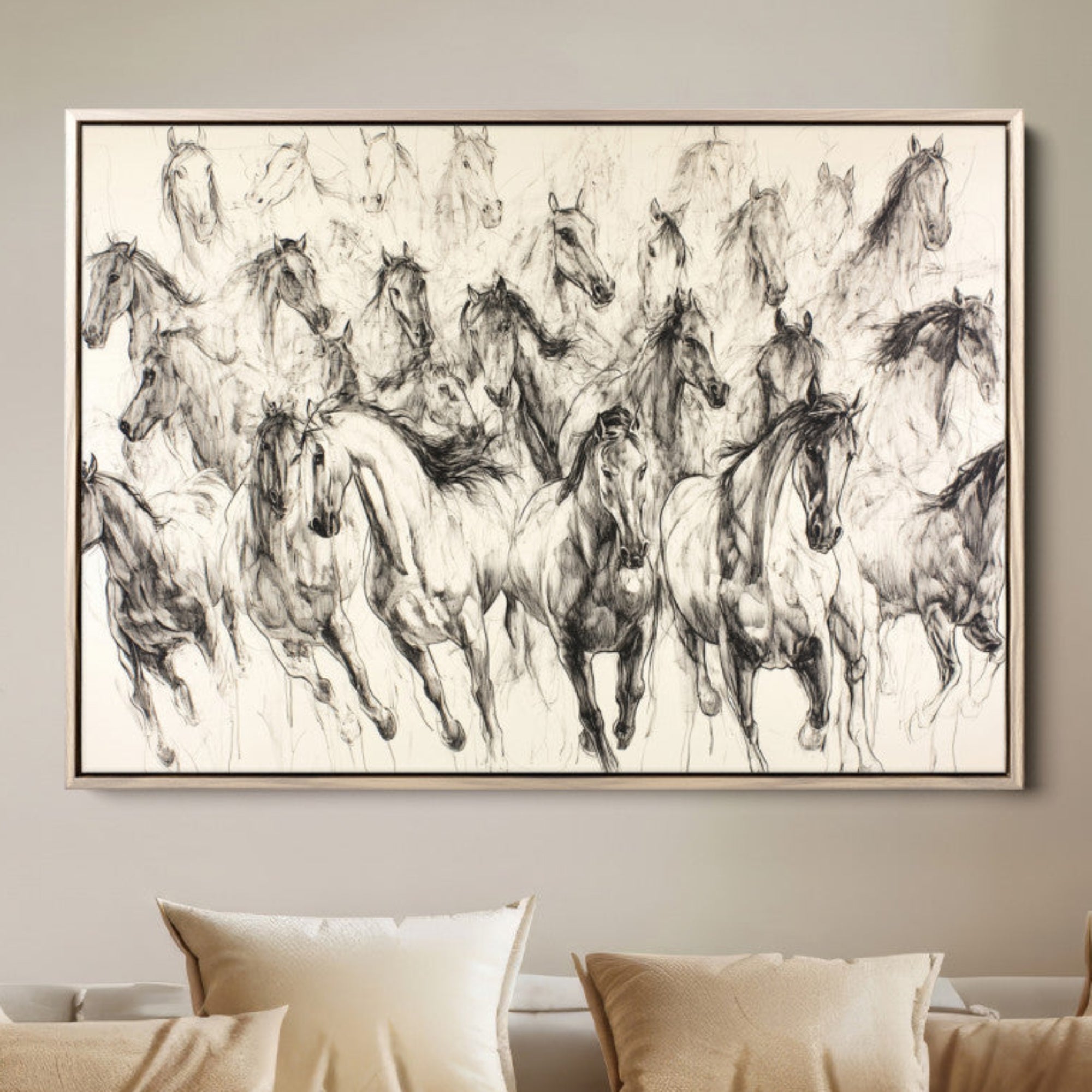 19433417-MGV-FC-36X24-Running Horses Wall Art Canvas Print – Framed Galloping Herd Dynamic Equestrian Sketch Nature Artwork for Home Office