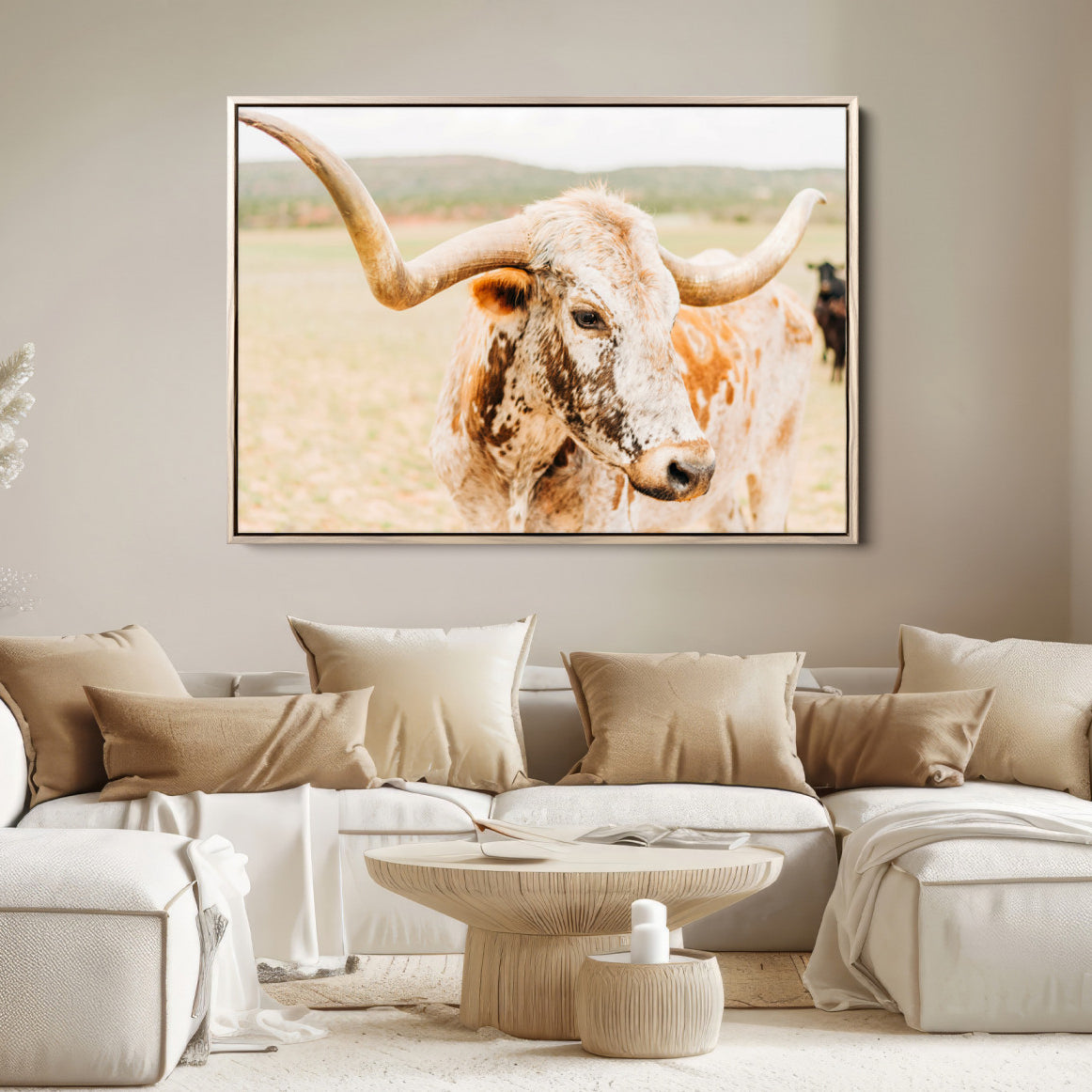 21060648-MGV-FC-36X24-Texas Longhorn Wall Art Canvas Print – Framed Speckled Cow Rustic Bull Western Farmhouse Animal Artwork for Home Office