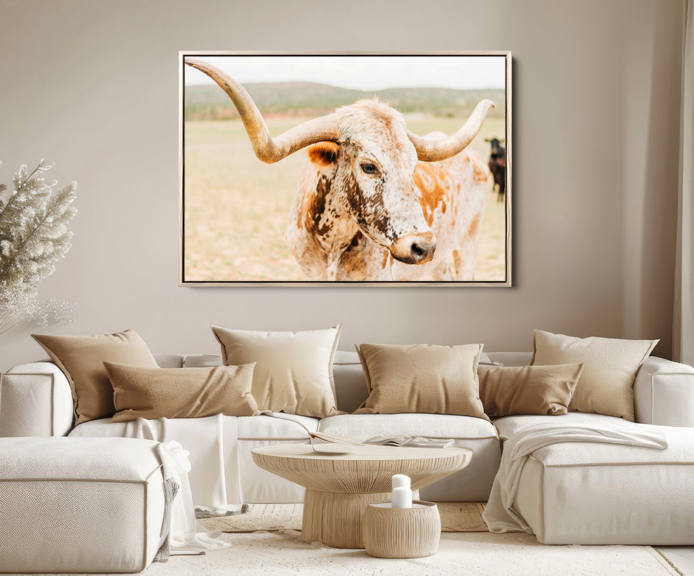 21060648-MGV-FC-36X24-Texas Longhorn Wall Art Canvas Print – Framed Speckled Cow Rustic Bull Western Farmhouse Animal Artwork for Home Office